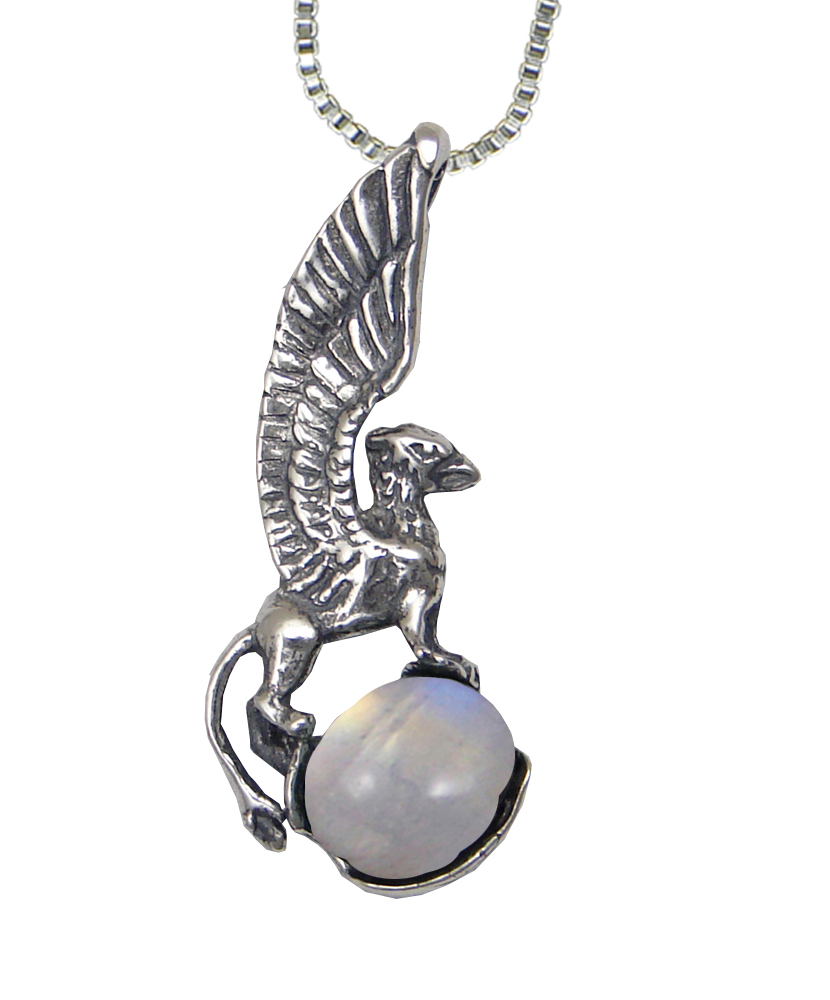 Sterling Silver Regal Griffin Pendant With Rainbow Moonstone